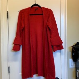 Red long sweater cardigan with bell sleeves